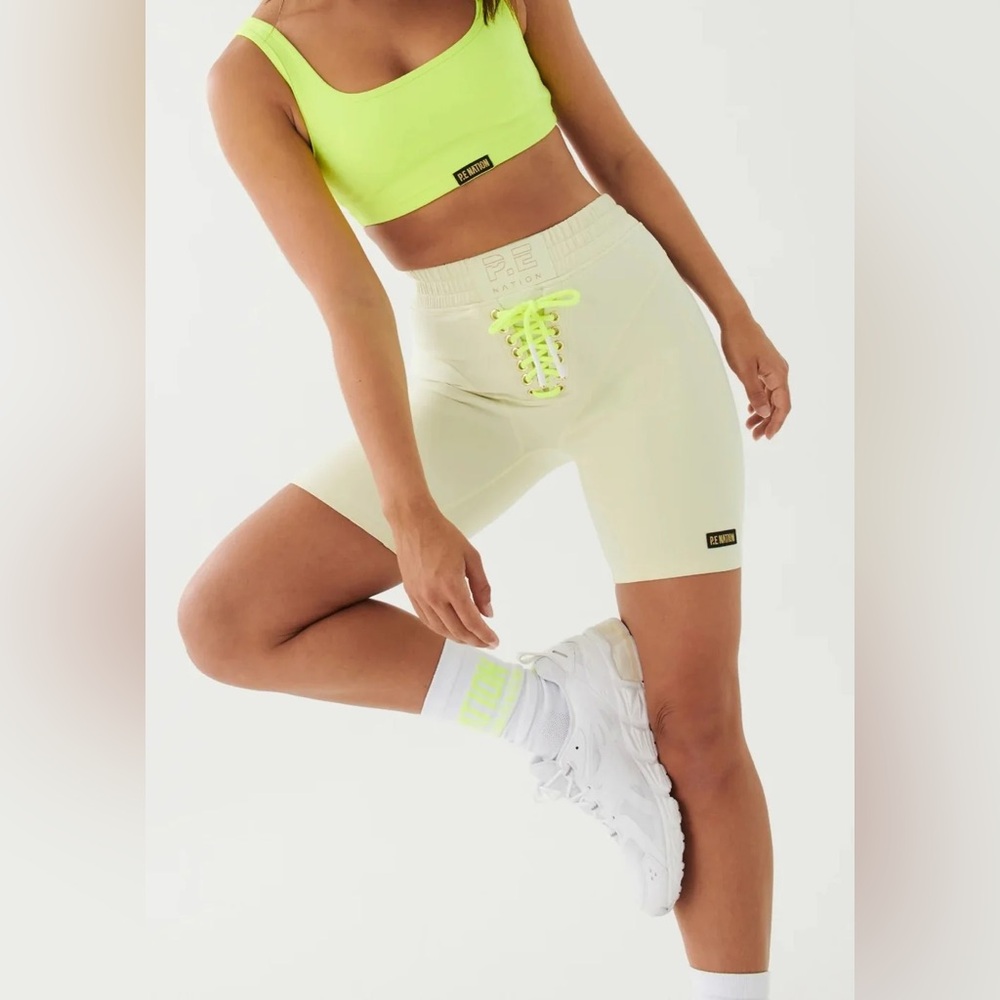 P.E Nation Clubhouse Bra as small and Shorts as medium Neon Yellow / Mint Frost
